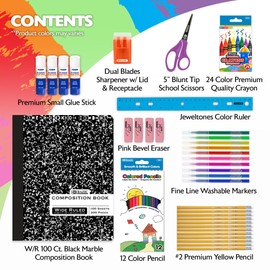 BAZIC School Kit Pack 60 Count, School Supply Box for Elementary Student K-6, Ruler Composition Book Pencil Eraser Crayon, 1-Pack