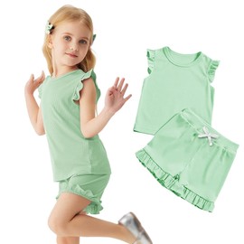 VilyR Toddler Baby Girl Summer Clothes Ruffle Ribbed Knit Sleevesless Tank Tops + Shorts Cute Outfits Set,100cm Green