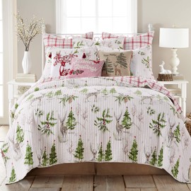 Levtex Home Villa Lugano Sleigh Bells Sleigh Bells Quilt - Twin - Christmas Tree and Reindeer - Red Green Grey White - Quilt (68x86in.) - Reversible - Cotton/Poly