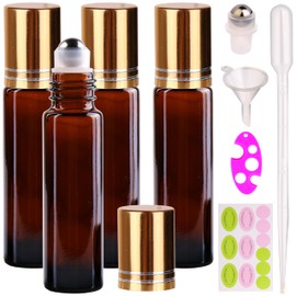 inice 4 Pack Essential Oil Roller Bottles 10ml Amber Glass RollerBall Bottle with Stainless Steel Roller Ball Alloy Cap for Daily Care