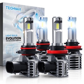 TECHMAX 9005+H11 Light Bulbs Combo, HB3+H8/H9 Fog Light Bulbs w/Fan 600% Bright 6500K Wireless Direct Insertion Plug and Play, Pack of 4