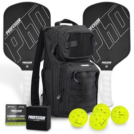 Professor PhD Raw Carbon Fiber Pickleball Paddle - 16MM - USA Pickleball Approved - Honeycomb Core - Power & Control:_PHD Black Edge Bundle
