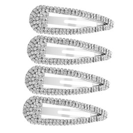 Healeved 4Pcs Rhinestone Hair Clips for Women Snap Barrettes with Silver Durable Flat Styling Accessories for Bangs and Hair Decoration