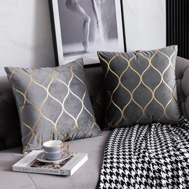 DEZENE Gold Velvet Throw Pillow Covers: 2 Pack 20x20 Inch Square Decorative Pillow Cases for Bedroom Sofa Couch Living Room, Light Grey