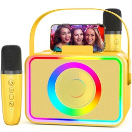 Karaoke Machine,Portable Bluetooth Karaoke Speaker with 2 Wireless Microphones for Adults & Kids Toys with LED Lights, Karaoke Microphone with PA System Supports USB/TF/AUX,Gift for Party(Yellow)