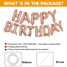 ACCEVO Rose Gold Happy Birthday Balloons Banner 16 Inch Mylar Foil Letters Balloons Reusable Balloons for Women, Men, Boys & Girls Birthday Party Decorations Supplies