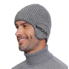 Wmcaps Knit Beanie for Men with Earflaps, Fleece Lined Wooly Hat for Men Women, Unisex Thermal Winter Hats with Ear Flaps, Warm Gifts for Friends and Family, Light Grey