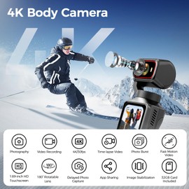 4K Vlogging Camera with WiFi, 180° Rotating Lens, 6-Axis Stabilization, Touchscreen, 32GB Card, Portable Handheld POV Camera, Personal Pocket Body Cam for Travel, Vlog, Selfies, Sports & Daily