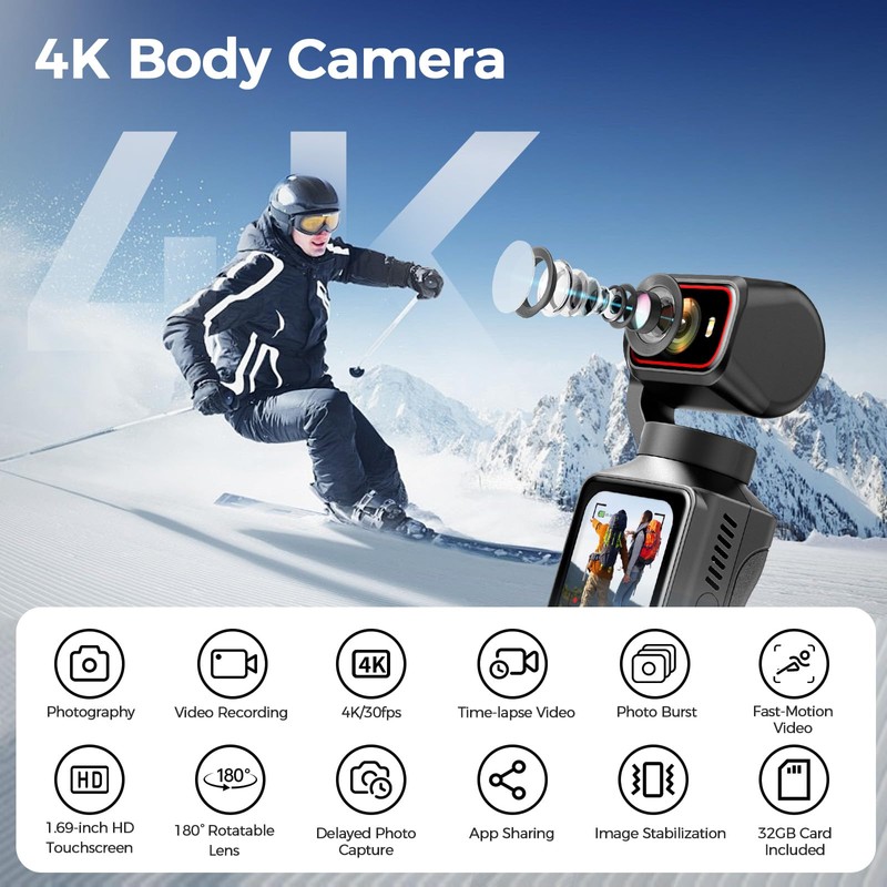 4K Vlogging Camera with WiFi, 180° Rotating Lens, 6-Axis Stabilization,