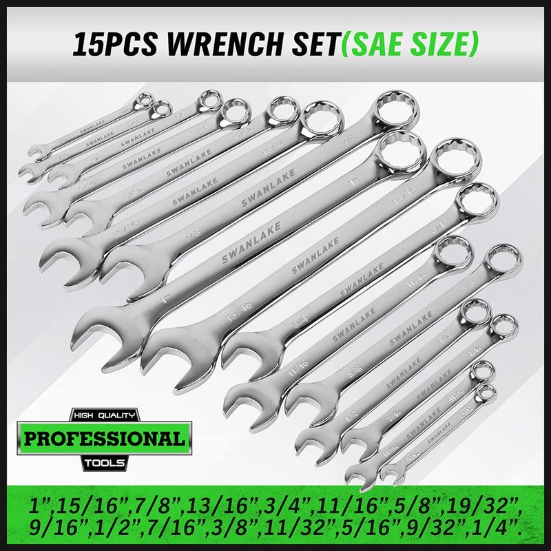 SWANLAKE 32-Piece Combination Wrench Set, SAE and Metric, 1/4"-1" &
