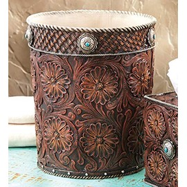BLACK FOREST DECOR Western Tooled Leather Waste Basket, 8 1/2" Dia. x 10" H