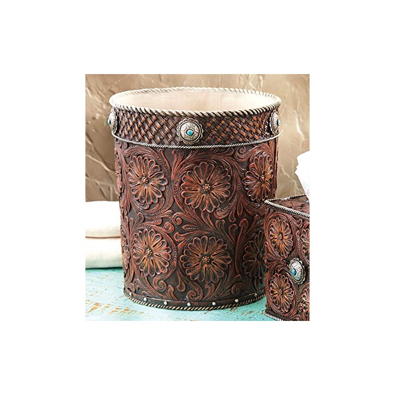 BLACK FOREST DECOR Western Tooled Leather Waste Basket, 8 1/2"