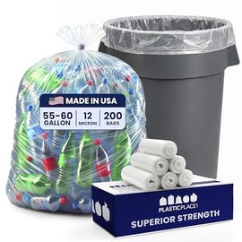 Plasticplace Bolsas de basura W55HDC1 de 55-60 galones │ 12 micras │ Bolsas transparentes de alta densidad │ 91,4 x 152,4 cm (200 unidades)