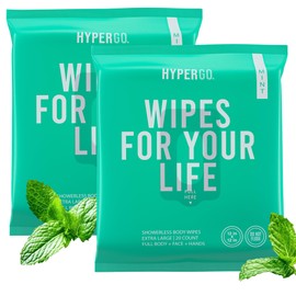 HyperGo XL Body Wipes for Women & Men – 12" x12" Rinse-Free Full Body Cleansing Wipes 2-20 Count Packs - Mint | Biodegradable, Hypoallergenic, Aloe-Infused | Gym, Festival, Camping Essentials