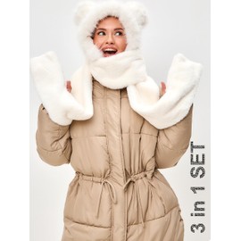 LATTEMARMALATTE Cute Bear Ears Winter Hat, 3 in 1 Plush Animal Hat with Mittens & Scarf, Faux Fur Hood for Kids Adults