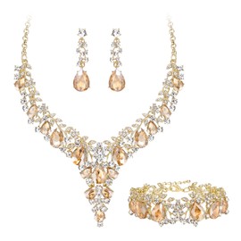 EVER FAITH Statement Jewellery Set for Women Crystal Flower Round Teardrop Statement Bridal Necklace, Dangle Earrings and Bracelet Set Clear Gold Tone, Crystal