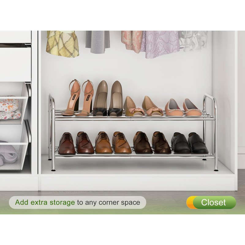 SKIKEN 2-Tier Expandable Shoe Rack - 100% Stainless Steel,4-Rod Extendable