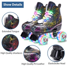 Roller Skates Women Men - Microfiber Leather Roller Skate Classic High Top Double Row Roller Skates for Indoor Outdoor with Light up Shoe Laces (Flash Wheel, 44-US Men 10= Women 11)
