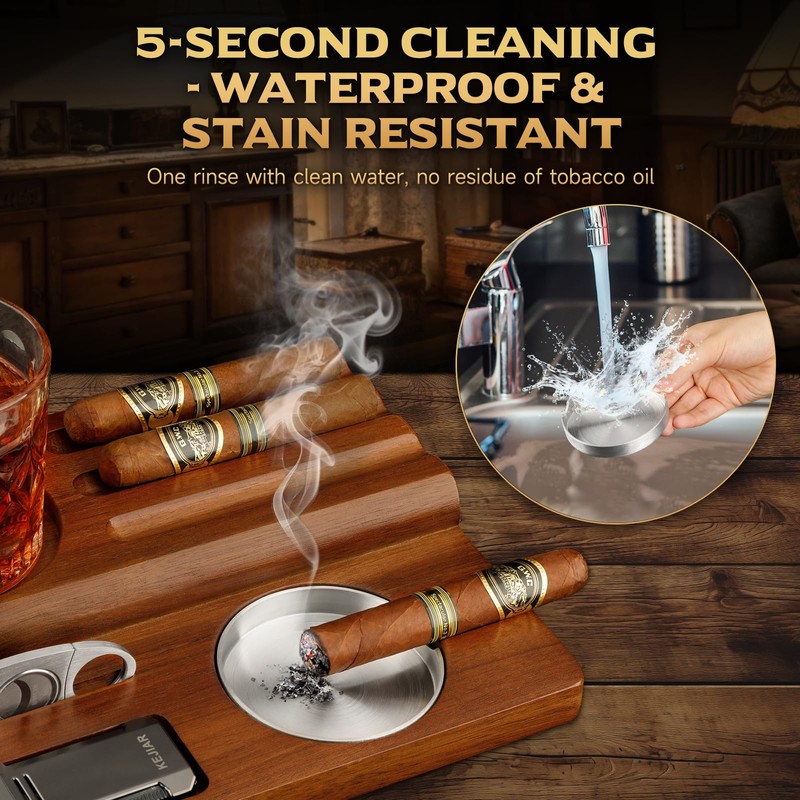 KEJIAR Cigar Ashtray, Wooden Base with Removable and Washable Outdoor