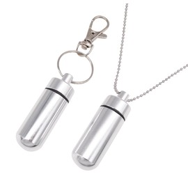 (SOWAKA) 2pcs Waterproof Pill Case + Necklace Chain + Keychain Hook Set (Silver)