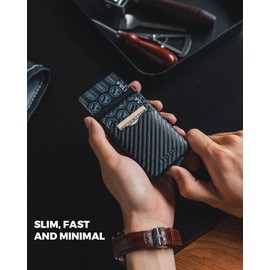 VULKIT Card Holder Pop Up Slim Wallet With Extra Leather Pocket Slots RFID Blocking Credit Card Case for Men and Women Carbon Fiber