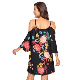 Milumia Women's Boho Cold Shoulder Floral Print Kimono Sleeve Tunic Dress Floral Black Small