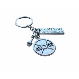 FKC 45 Lbs Weightlifting plate + Small Dumbbell + Motivational tag Keychain (I am Stronger Than My Excuses)