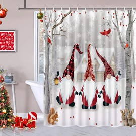 Dongbei Christmas Shower Curtain Grey Winter Holiday Bathroom Curtain Snowy Forest Birth Tree with Cute Fun Gnome Bath Curtain Xmas New Year Bathroom Decor Bathroom Accessories 70X70IN