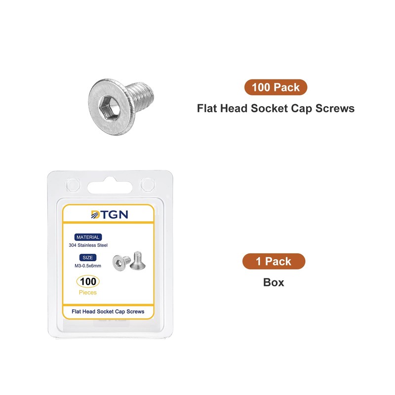 DTGN M3-0.5 x 6mm Flat Head Socket Cap Screws, 100