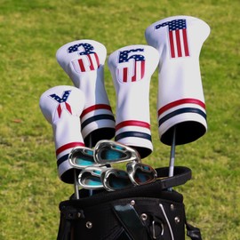 Golf Club Covers, 4pcs Premium PU Leather Golf Club Head Covers for Woods and Driver Fairway Hybrid, USA Flag Patriotic Golf Head Covers for Men and Women - Fits Most Golf Clubs(White)