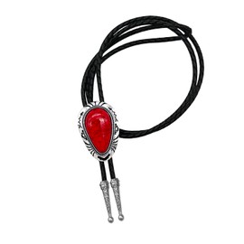 QUKE Red Stone Bolo Tie Native Western Cowboy Handmade Genunie Leather Bola Tie Necktie for Men Women