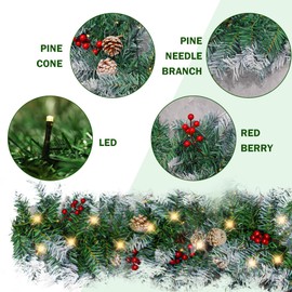 Dazzle Bright 9 FT Artificial Christmas Garland, 50 LED Battery Operated Lighted Silver Leaves Berries Snowflake Xmas Garland with 8 Modes for Indoor Holiday Door Home Decorations