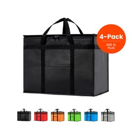 NZ home Insulated Cooler Bag and Food Warmer (XL Plus, 4-Pack) for Delivery & Grocery Shopping with Zippered Top, Black