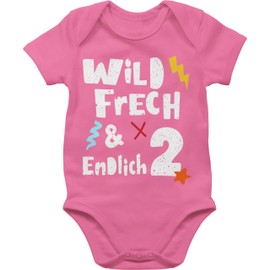 Baby Body Junge Mädchen - Wild frech und endlich 2 I Zwei Jahre wunderbar I 2. Geburtstag I Zweiter Geburtstag I 2 Geburtstag - 6/12 Monate - Pink - geburtstags outfit 2+jahre+body 2.geburtstag bin