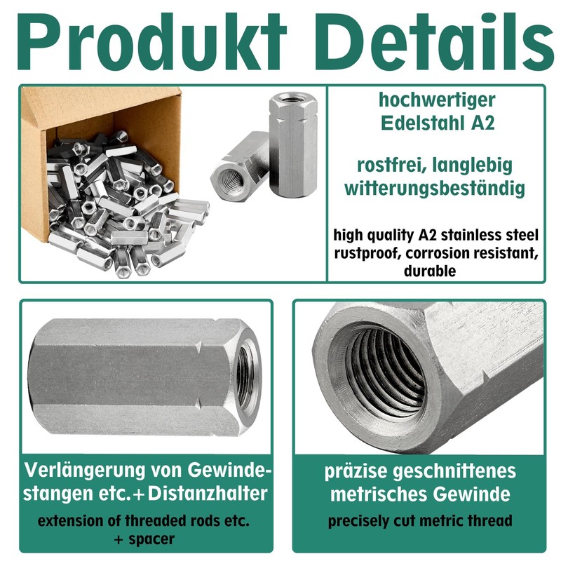 Hexagonal sleeves with internal thread, stainless steel A2 / V2A,