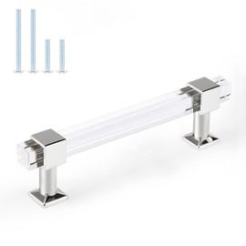 Orger Acrylic Cabinet Handles 5 Pack Modern Cabinet Hardware Drawer Pulls 4 Inch Hole Centers with Clear Square Tube Cabinet Pulls and Polished Chrome Base for Kitchen Cabinets