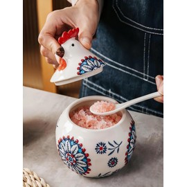 13OZ Ceramic Salt Cellar with Lid and Spoon,Chicken Salt Container with Spoon, Salt Jar for Counter, Coffee, Sugar, Spices and Candies, Salt and Sugar Container sets for Countertop