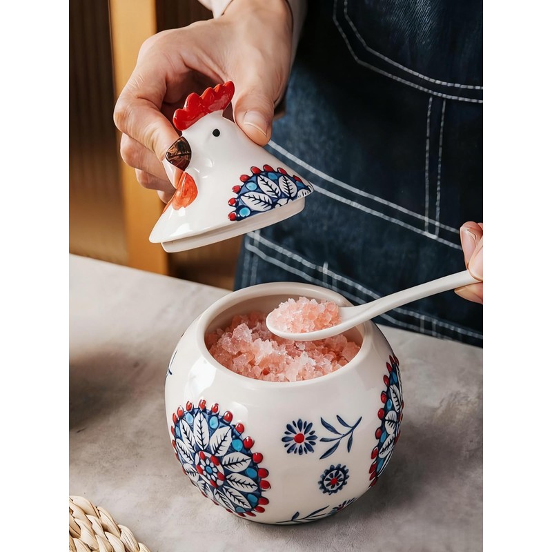 13OZ Ceramic Salt Cellar with Lid and Spoon,Chicken Salt Container