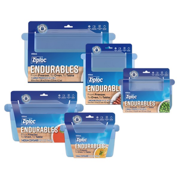 Ziploc Endurables Pouch and Containers Variety Pack, Reusable Silicone Bags and Food Storage Meal Prep Containers for Freezer, Oven, and Microwave, Dishwasher Safe