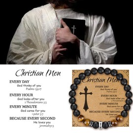 Religious Bracelet 8mm Black adjustable Beaded Cuff Charm Bracelets for son Husband Elegant Cross Bracelet (CM01 M Christian Men, M (6.6"-7.5"))