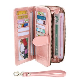 PadooSpy Leather Wallet for Women,RFID Blocking Large Capacity Bifold Credit Card Wallet Phone Cluth with Zip Pocket Wristlet (Pink)