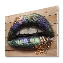 DesignQ Female Lips With Green Lipstick & Teeth Modern & Contemporary Wood Wall Decor, Green Wood Wall Art, Large People Wood Wall Panels Printed On Natural Pine Wood Art