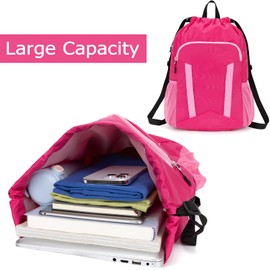 Veious Drawstring Soccer Backpack Basketball Bag for Football Volleyball Gym Sports Training with Shoe Compartment (Pink)