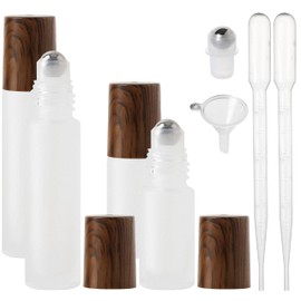 SESENSE Essential Oil Roller Bottles, 4PCS (10ml & 5ml) Glass Perfume Roller Bottles with Funnel Opener and Dropper Beauty and Personal Care Tools (White-brown cover, 4 Packs)