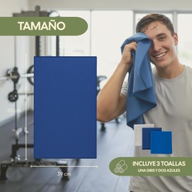 muno+ Toallas de Microfibra para Gym 65×39 cm – Set 3 Piezas Negras – Secado rápido, Ligeras y compactas – Ideales para Gimnasio, Entrenamiento y Deporte – Toallas Deportivas (Azul y Gris)