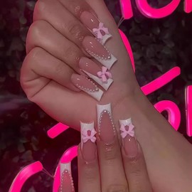 24Pcs CEWEWP Square Press on Nails Long White French Tip Press on Nails with 3D Bows and Pearls Designs Coffin Fake Nails Full Cover Glue on Nails Glossy Stick on Nails Pink Press Ons Acrylic Nails