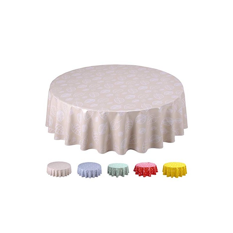 Oilcloth Tablecloth Washable Round 140 cm Leaves Beige