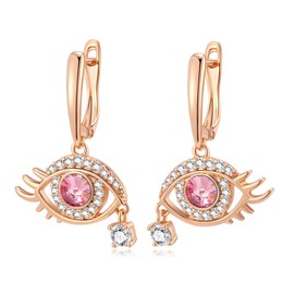 Austrian Crystal Evil Eye Teardrop Dangle Earrings for Women 14K Gold Plated Leverback Hypoallergenic Jewelry Gift, Rose Gold, crystal