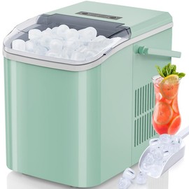 SweetFurniture Countertop Ice Maker Machine, Basket and Handle, 9 Cubes in 6 Mins, 26.5lbs/24Hrs, 2 Sizes of Bullet - Color: Green