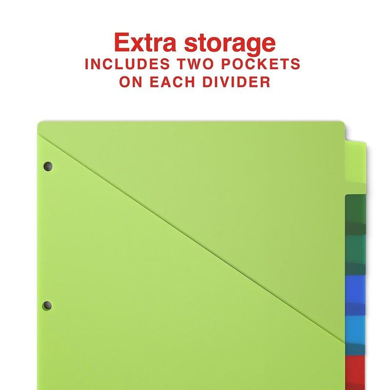 Staples Large Tab Plastic Two‑Pocket Insertable Dividers, 8‑Tab Binder Index